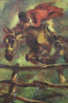 Lot 1606 - Mid 20th century English School oil on canvas - hunting figure clearing a jump, in gilt frame, 53cm x 41cm
