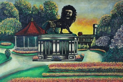 Lot 139 - Mid 20th century oil on board - The Lion Statue, indistinctly signed, framed, 40cm x 49cm