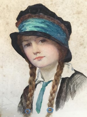 Lot 1613 - Group of 19th century watercolours to include William Henry Margetson portrait of a girl, 1830s ink and watercolour cartoon, still life and others