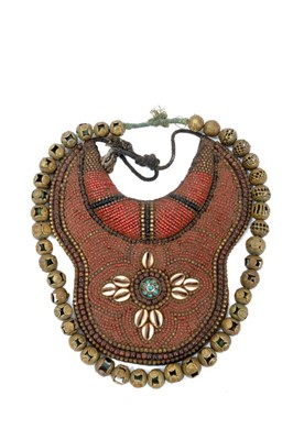 Lot 1742 - Antique African tribal bead and cowrie shell necklace, of fine quality, centred by metal inlaid sphere, together with African tribal brass bead necklace