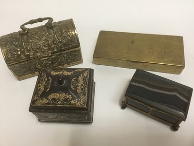 Lot 132 - 18th century Dutch brass tobacco box, elongated rectangular form, engraved to top and bottom with text and figural scenes, 16cm long, together with an 18th / 19th century Continental bronze and gil...