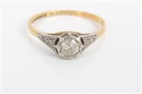 Lot 3390 - 1930s gold (18ct) diamond single stone ring in...