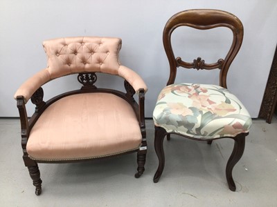 Lot 120 - Edwardian button upholstered tub chair, together with sewing table. two side chairs, Victorian balloon back chair