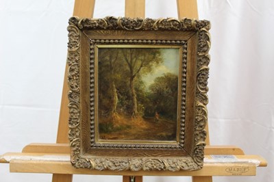 Lot 1112 - John Moore (1820-1902), oil on panel, A woodland scene with a figure on a track, signed, in gilt frame, 20 x 16cm