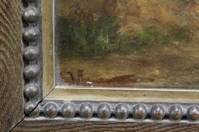 Lot 1112 - John Moore (1820-1902), oil on panel, A woodland scene with a figure on a track, signed, in gilt frame, 20 x 16cm