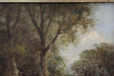 Lot 1112 - John Moore (1820-1902), oil on panel, A woodland scene with a figure on a track, signed, in gilt frame, 20 x 16cm