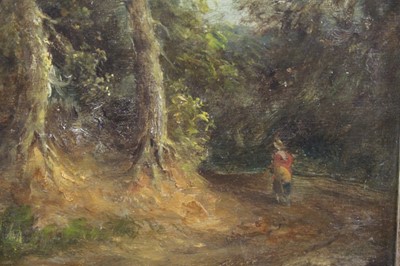 Lot 1112 - John Moore (1820-1902), oil on panel, A woodland scene with a figure on a track, signed, in gilt frame, 20 x 16cm