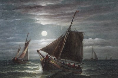 Lot 1113 - John Moore (1820-1902), oil on canvas, A moonlit seascape with fishing vessels, signed, unframed, 31 x 36cm