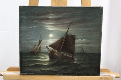 Lot 1113 - John Moore (1820-1902), oil on canvas, A moonlit seascape with fishing vessels, signed, unframed, 31 x 36cm