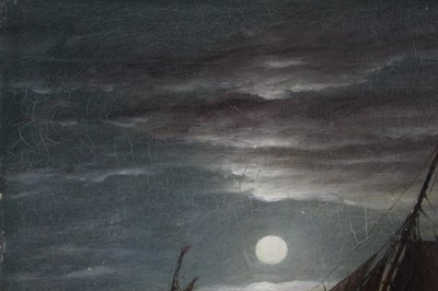 Lot 1113 - John Moore (1820-1902), oil on canvas, A moonlit seascape with fishing vessels, signed, unframed, 31 x 36cm