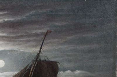 Lot 1113 - John Moore (1820-1902), oil on canvas, A moonlit seascape with fishing vessels, signed, unframed, 31 x 36cm