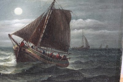 Lot 1113 - John Moore (1820-1902), oil on canvas, A moonlit seascape with fishing vessels, signed, unframed, 31 x 36cm
