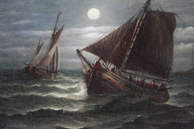 Lot 1113 - John Moore (1820-1902), oil on canvas, A moonlit seascape with fishing vessels, signed, unframed, 31 x 36cm