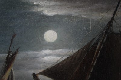 Lot 1113 - John Moore (1820-1902), oil on canvas, A moonlit seascape with fishing vessels, signed, unframed, 31 x 36cm