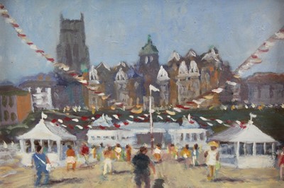 Lot 1114 - David Baxer of Norwich, oil on board, A view of Cromer from the pier, initialled, in painted frame, 14 x 19cm