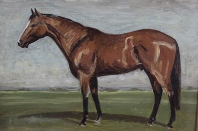 Lot 1017 - Manner of Sir Alfred Munnings, oil on board, A bay hunter in a landscape, in gilt frame, 29 x 38cm