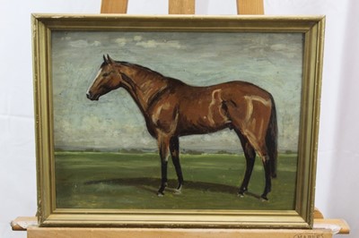 Lot 1017 - Manner of Sir Alfred Munnings, oil on board, A bay hunter in a landscape, in gilt frame, 29 x 38cm