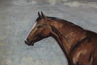 Lot 1017 - Manner of Sir Alfred Munnings, oil on board, A bay hunter in a landscape, in gilt frame, 29 x 38cm