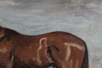 Lot 1017 - Manner of Sir Alfred Munnings, oil on board, A bay hunter in a landscape, in gilt frame, 29 x 38cm