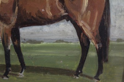 Lot 1017 - Manner of Sir Alfred Munnings, oil on board, A bay hunter in a landscape, in gilt frame, 29 x 38cm