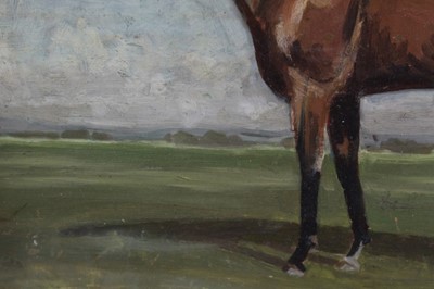 Lot 1017 - Manner of Sir Alfred Munnings, oil on board, A bay hunter in a landscape, in gilt frame, 29 x 38cm