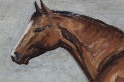 Lot 1017 - Manner of Sir Alfred Munnings, oil on board, A bay hunter in a landscape, in gilt frame, 29 x 38cm