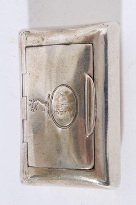 Lot 438 - George III silver snuff box of rectangular cushion form with engraved armorial to hinged cover, (Birmingham 1809), maker Joseph Willmore, 6cm in length