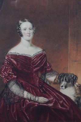 Lot 1261 - Hope J. Stewart, watercolour, An elegant lady seated in an interior, her dog at her feet, signed and dated 18476, in gilt frame, 50 x 40cm