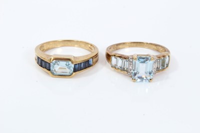 Lot 503 - Aquamarine and diamond dress ring with rectangular step cut stones in 9ct gold setting in 9ct gold setting and an aquamarine  and blue sapphire dress ring in 9ct gold setting.