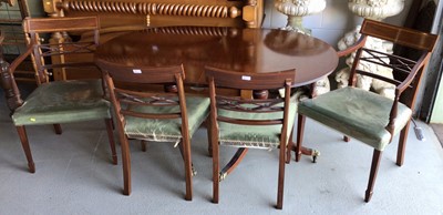 Lot 18 - Good quality George III style mahogany dining table and six chairs by Redman & Hales of Hatfield Peveral, comprising a twin pedestal dining table with one extra leaf together with a set of six Geor...
