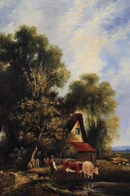 Lot 1132 - Circle of John Crome (1768-1817) - Norwich School oil on board - figure with cattle watering 25cm x 20cm