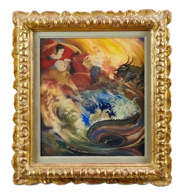 Lot 1300 - Tradas Sinha (20th century) - watercolour - figure on horseback fighting dragon, representing George and the Dragon, signed and dated 1936, 38cm x 33cm