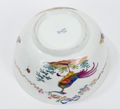 Lot 155 - 18th century Meissen porcelain bowl with polychrome painted exotic birds, butterflies and flowers, crossed swords mark, 16.5cm diameter
