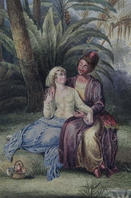 Lot 230 - Early 19th century watercolour of courting couple, signed with monogram