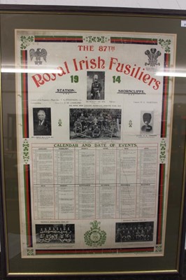 Lot 879 - Pre First World War The 87th Royal Irish Fusiliers 1914 Station Shorncliffe poster with calendar and date of events, mounted in glazed frame, 105 x 74cm overall