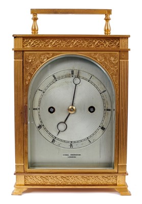 Lot 600 - Fine quality late 19th/early 20th century Charles Frodsham mantel clock with eight day, twin fusee movement and engraved lever escapement, striking on a bell, backplate signed W & H Sch. Silvered e...