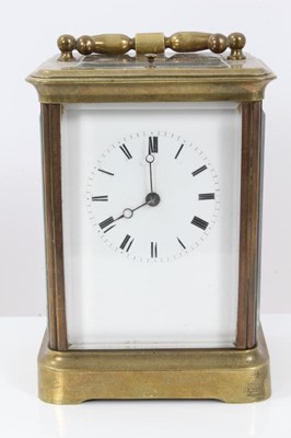 Lot 604 - Late 19th century carriage clock with eight day, repeat movement, and lever escapement, striking on a bell, backplate with Japy Frères et Cie trademark and stamped with sun face and VR Brevete Pari...