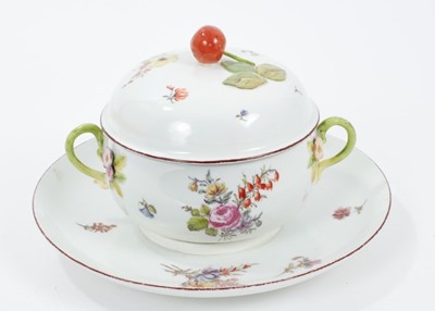 Lot 182 - A Chelsea round two handled ecuelle, cover and stand, circa 1755