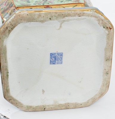 Lot 167 - Large and rare early 19th century Mason's Ironstone vase, decorated in the Chinese famille rose style, with panels on each side containing Chinese figures and pseudo-calligraphy, on a celadon...