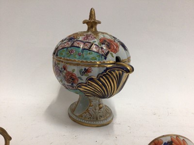 Lot 670 - Early 19th century Masons Ironstone Imari wares, including a twin handled vase, dessert tureen, mug, smaller vase, two spill vases and a miniature teapot, various marks, the large vase unmarked and...