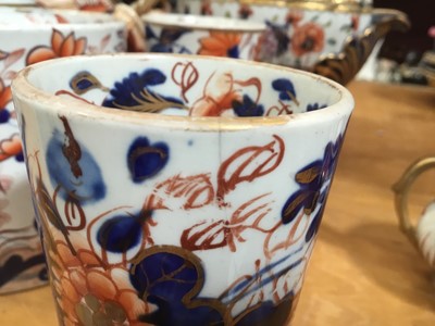 Lot 670 - Early 19th century Masons Ironstone Imari wares, including a twin handled vase, dessert tureen, mug, smaller vase, two spill vases and a miniature teapot, various marks, the large vase unmarked and...