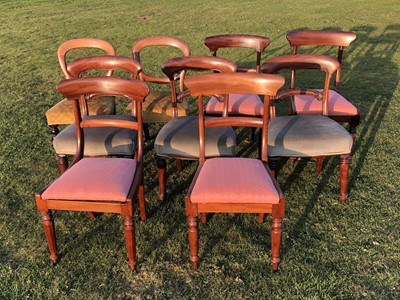 Lot 30 - Three pairs of Victorian mahogany dining chairs and a further trio of mahogany chairs, each with upholstered seat (9)