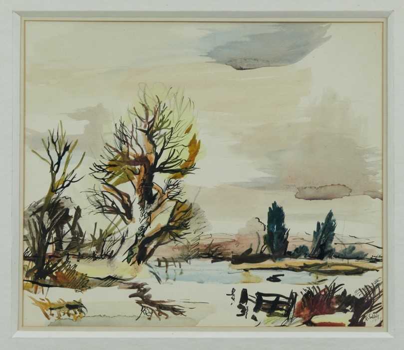 Lot 1105 - *Rowland Suddaby (1912-1972) watercolour - Flood Water on The Stour, signed p