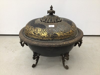 Lot 139 - Regency tole ware oval coal box with gilt painted decoration, on cast scroll legs and swing handles, 52cm high x 52cm wide