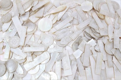 Lot 791 - Collection 19th century Chinese export carved mother of pearl gaming counters, various shapes including fish - approx 250 plus