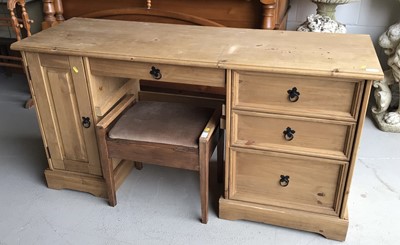 Lot 67 - Modern pine desk with three drawers and cupboard below together with an oak piano stool