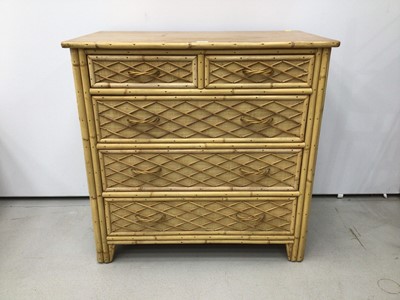 Lot 44 - Early/mid 20th century bamboo and light wood chest of two short and three long drawers with lattice decorated drawer fronts, 92cm wide x 51cm deep x 90cm high