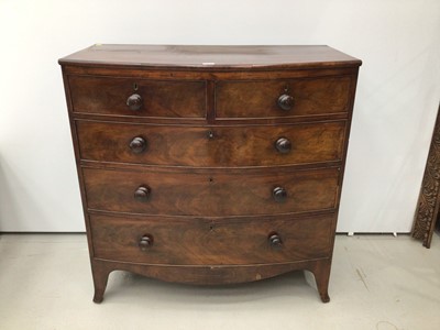 Lot 46 - Georgian mahogany bow front chest of tow short and three long drawers with bun handles, on splayed bracket feet, 104cm wide x 50cm deep x 105cm high