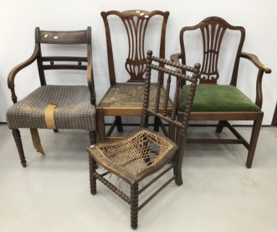 Lot 131 - George III mahogany framed open elbow chair, country fruitwood dining chairs with rush seat and two further chairs (4)