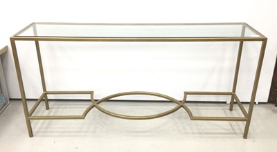 Lot 146 - Stylish gold finished metal rectangular console table with inset glass top, 160cm wide x 41cm deep x 77cm high